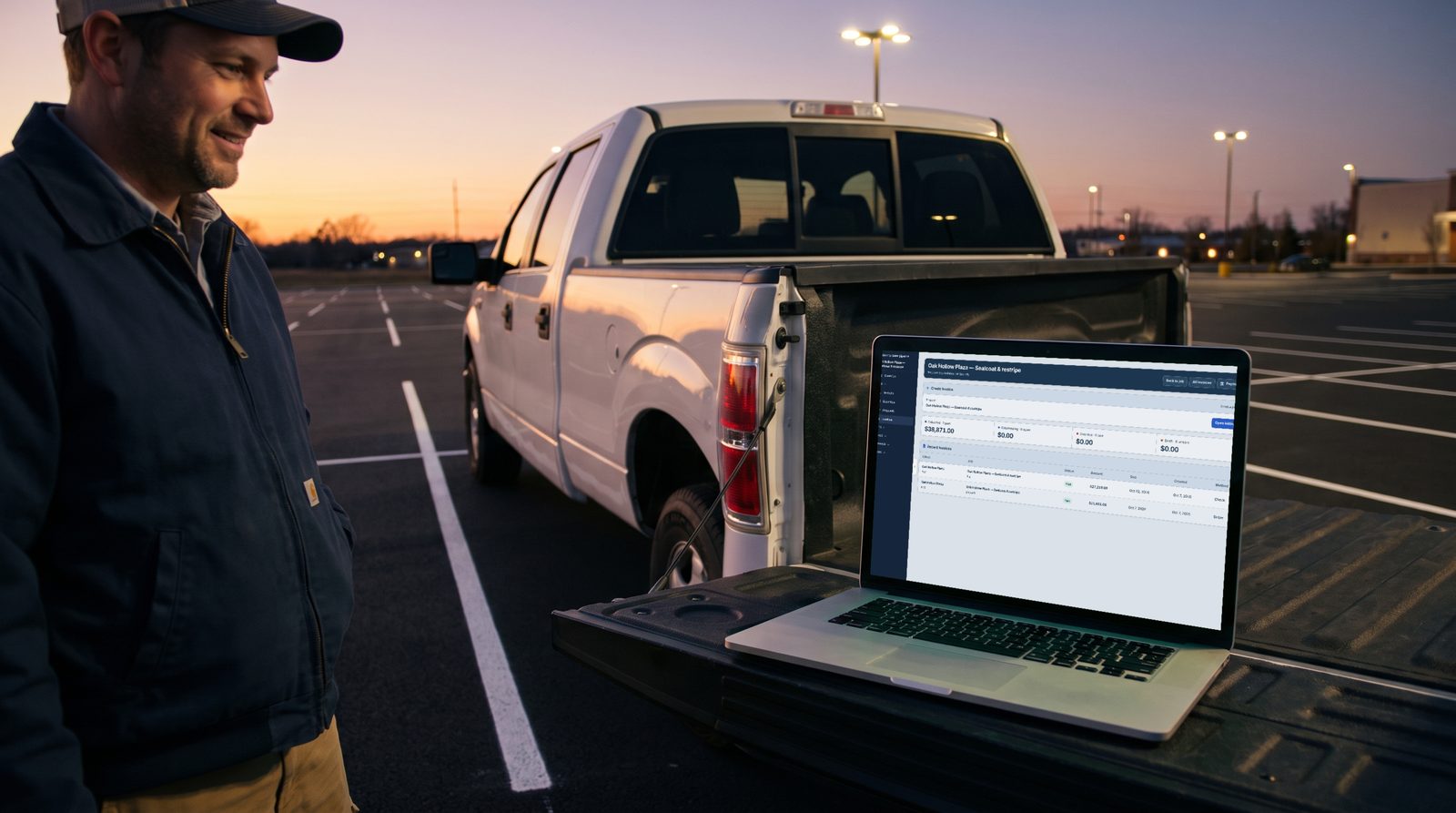 The paving company owner at the finished Oak Hollow Plaza lot with the invoices paid in full on his laptop