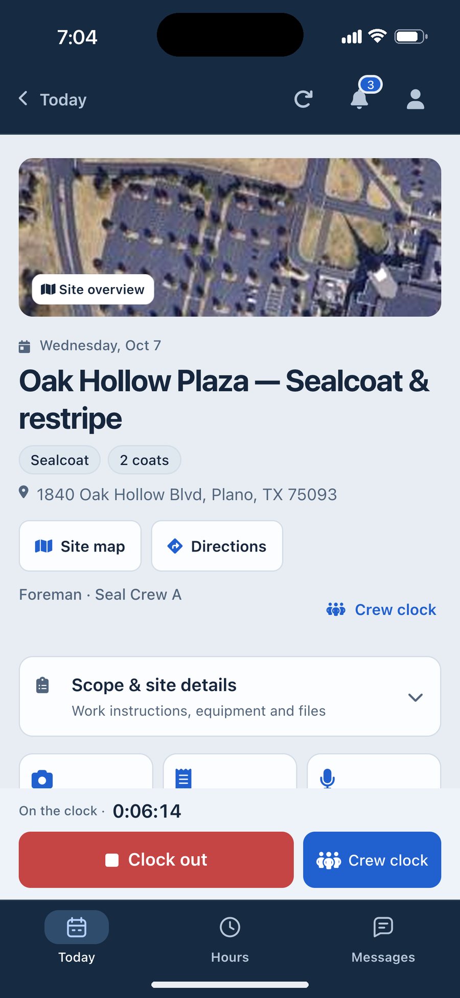 The TruTec crew app on the clock at Oak Hollow Plaza