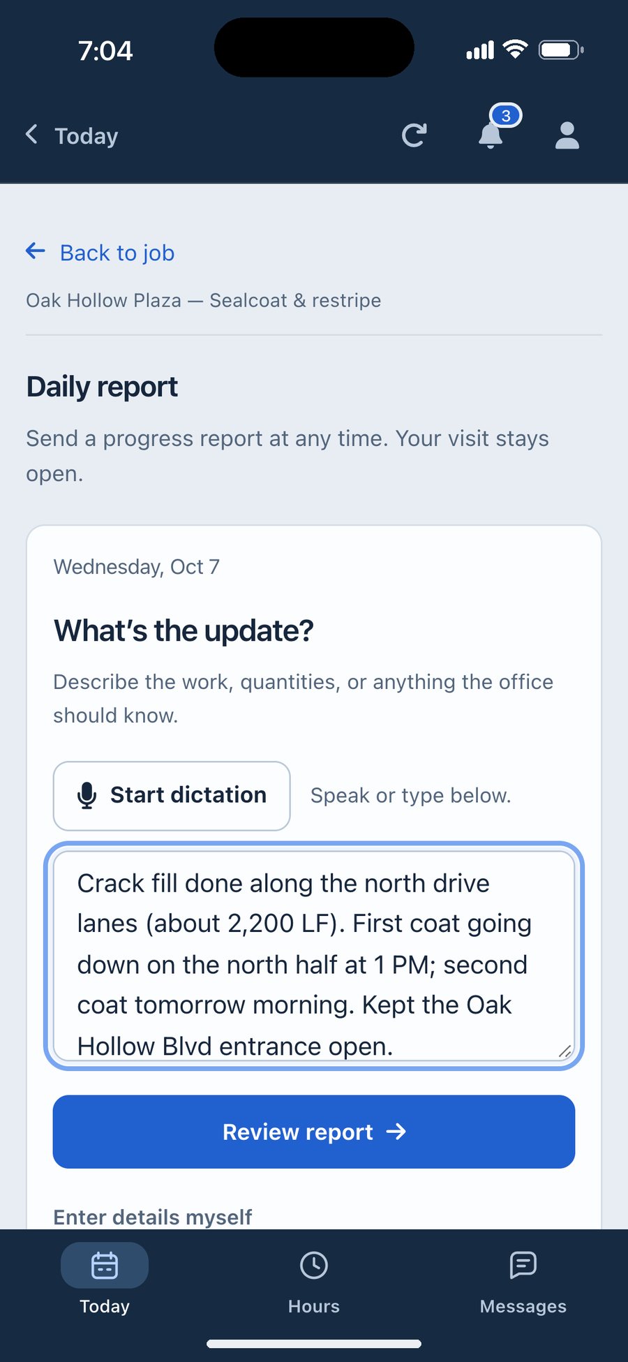 The TruTec crew app daily report, dictated from the job