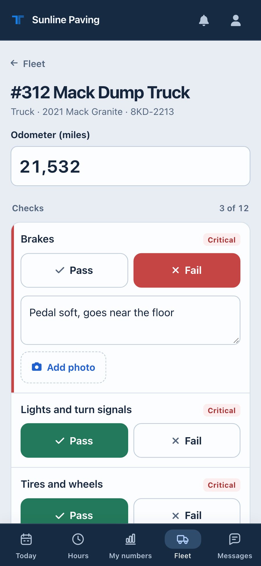 The TruTec crew app: the pre-trip card on Today, an inspection with Brakes failed, and the truck taken out of service