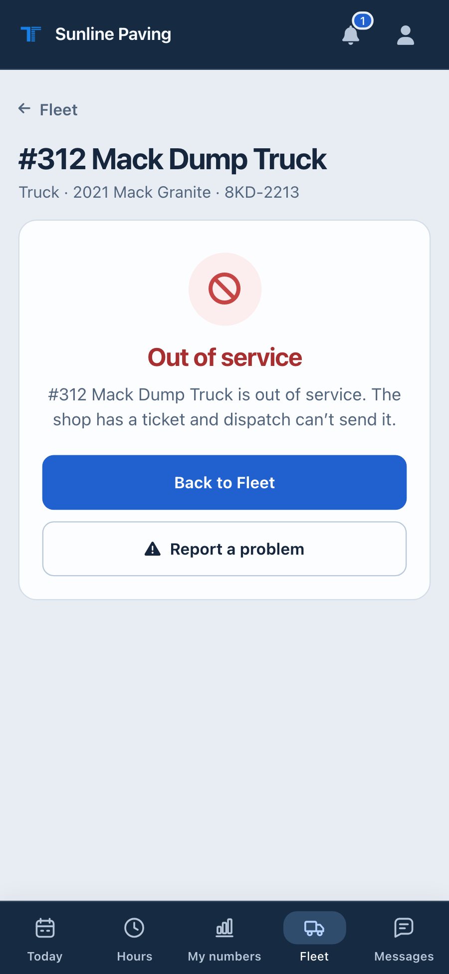 The TruTec crew app: the pre-trip card on Today, an inspection with Brakes failed, and the truck taken out of service
