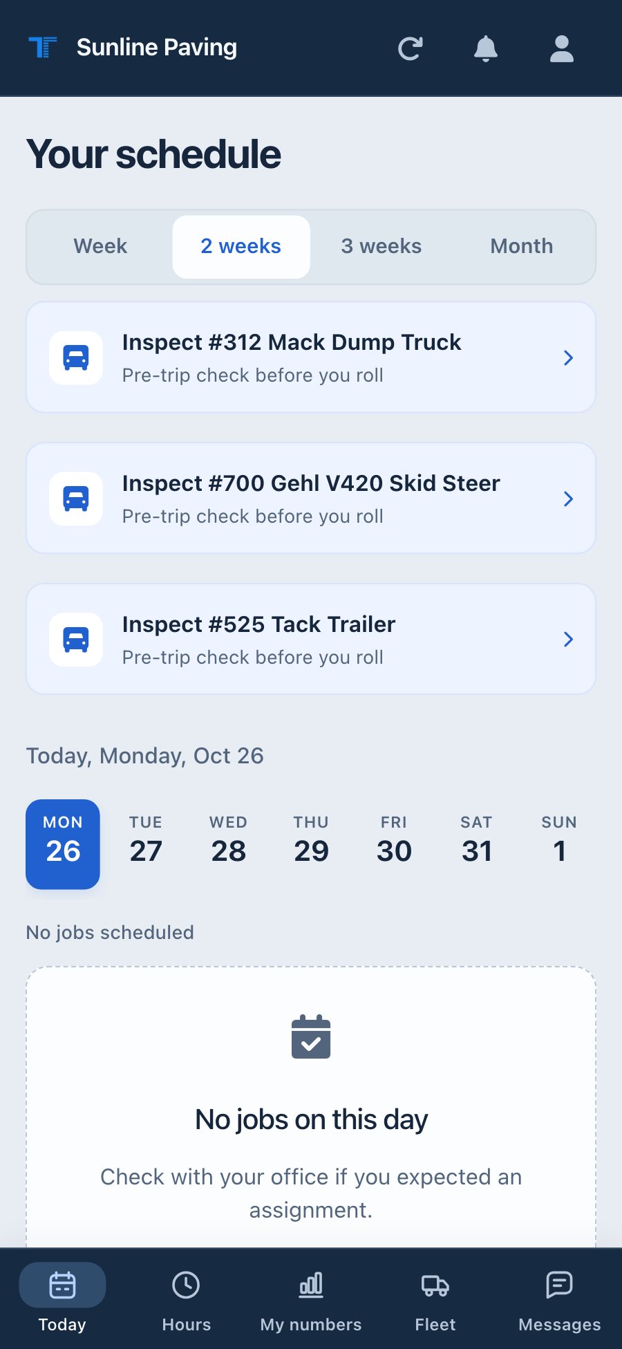 The TruTec crew app: the pre-trip card on Today, an inspection with Brakes failed, and the truck taken out of service