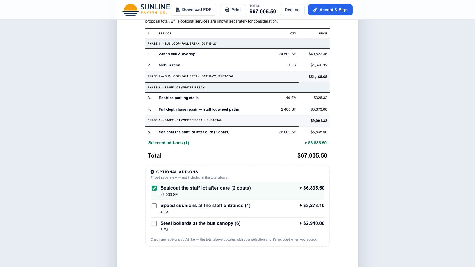 A proposal pricing page in two phases with an optional add-on ticked and the total updated