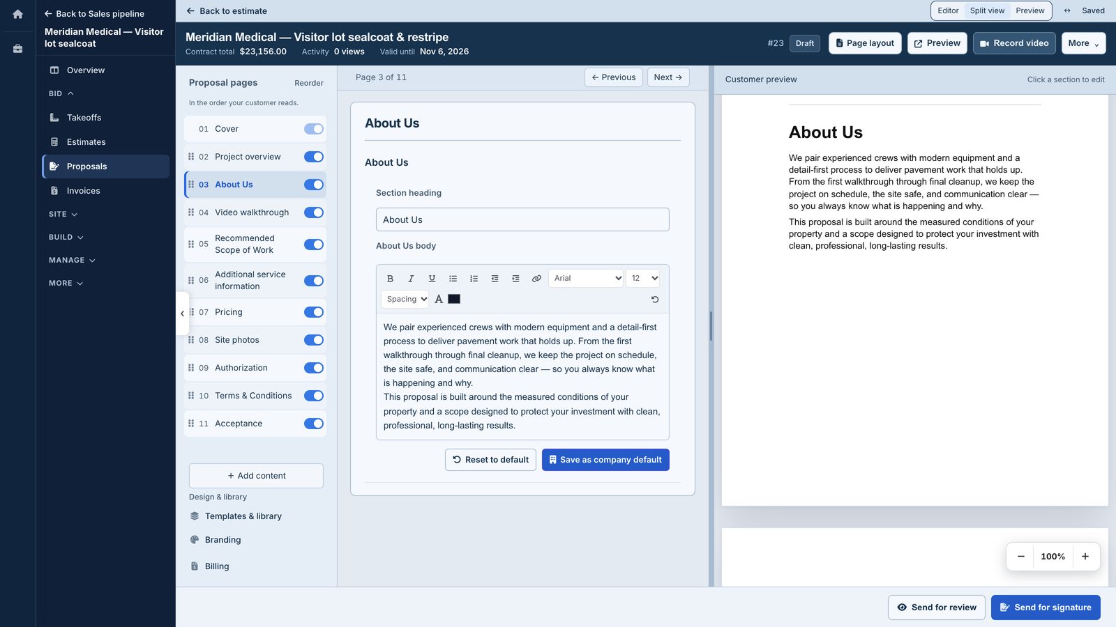 The TruTec proposal builder: page list, editor and live preview