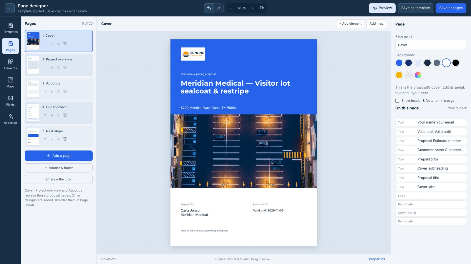 The proposal page designer with a starter look applied