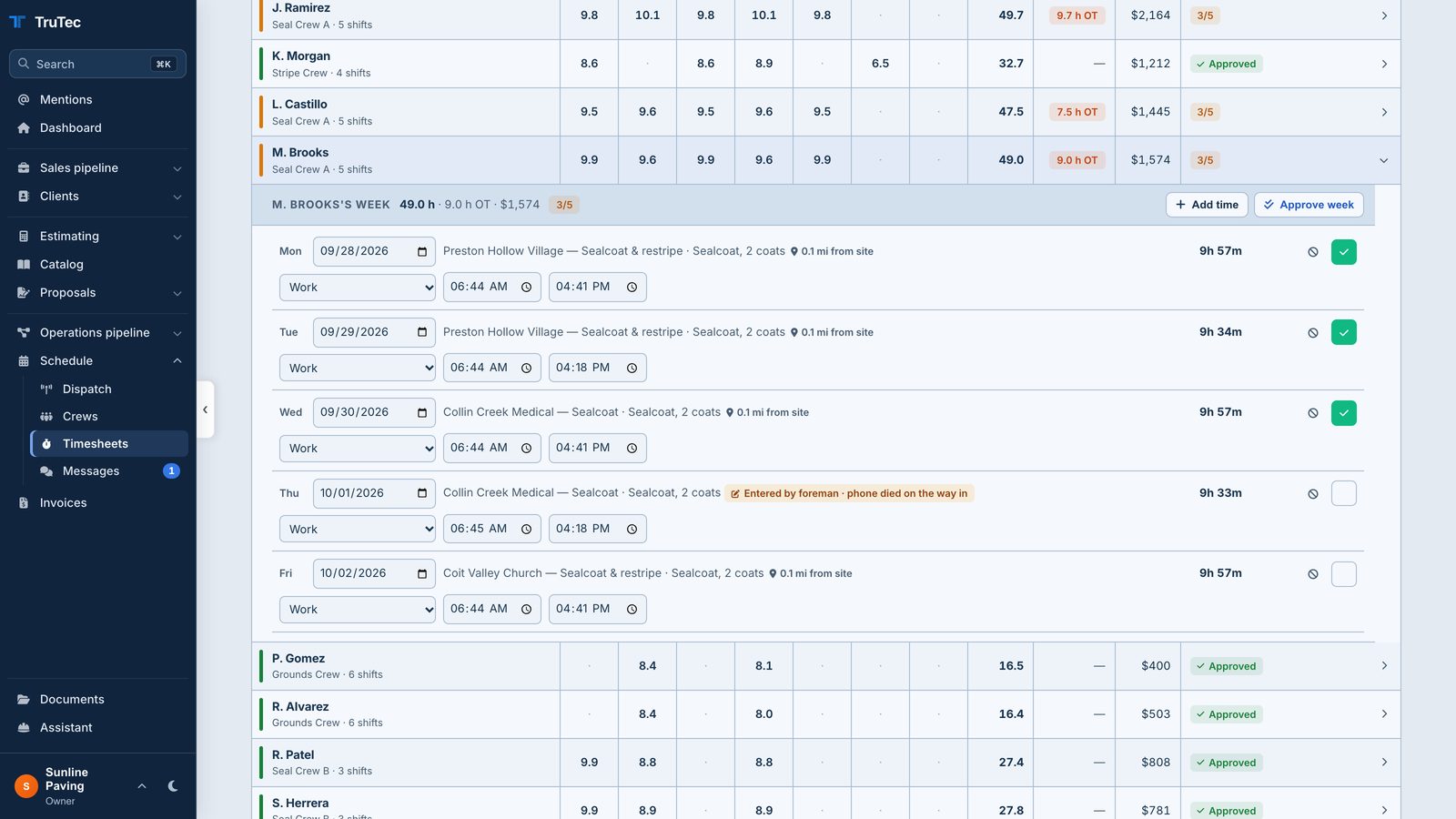 A worker&rsquo;s week in TruTec timesheets: punches with map pins, a foreman entry with a reason and Approve week